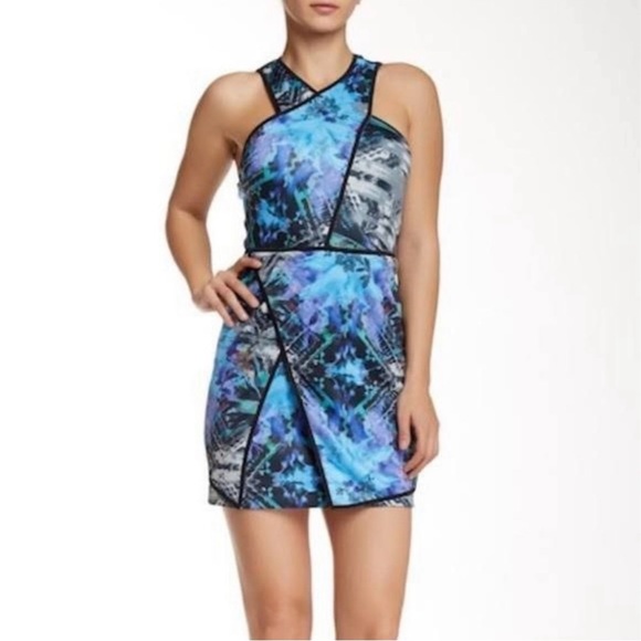 PARKER Tobias Halter Mini Dress Scuba Wrap Cut Out Blue Black Geometric Geo - Picture 7 of 11